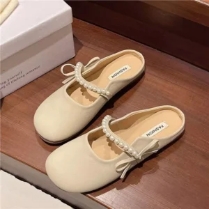 Beige Pearl Bow Flat Mules